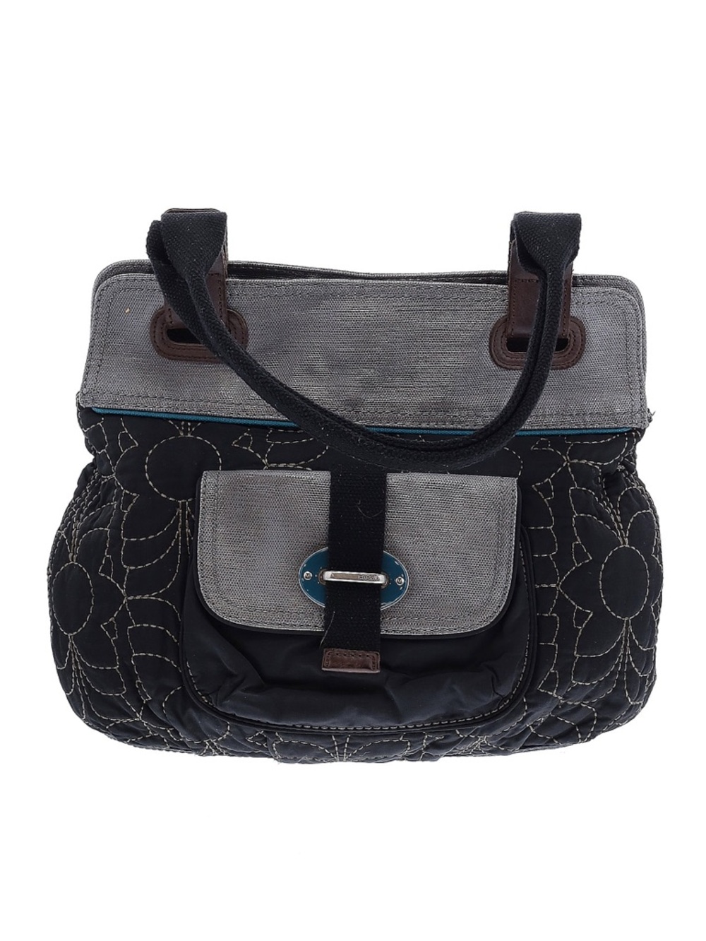 Fossil Key-Per‎ Ladies Large 
 Black and Gray Floral Quilted Shoulder Bag